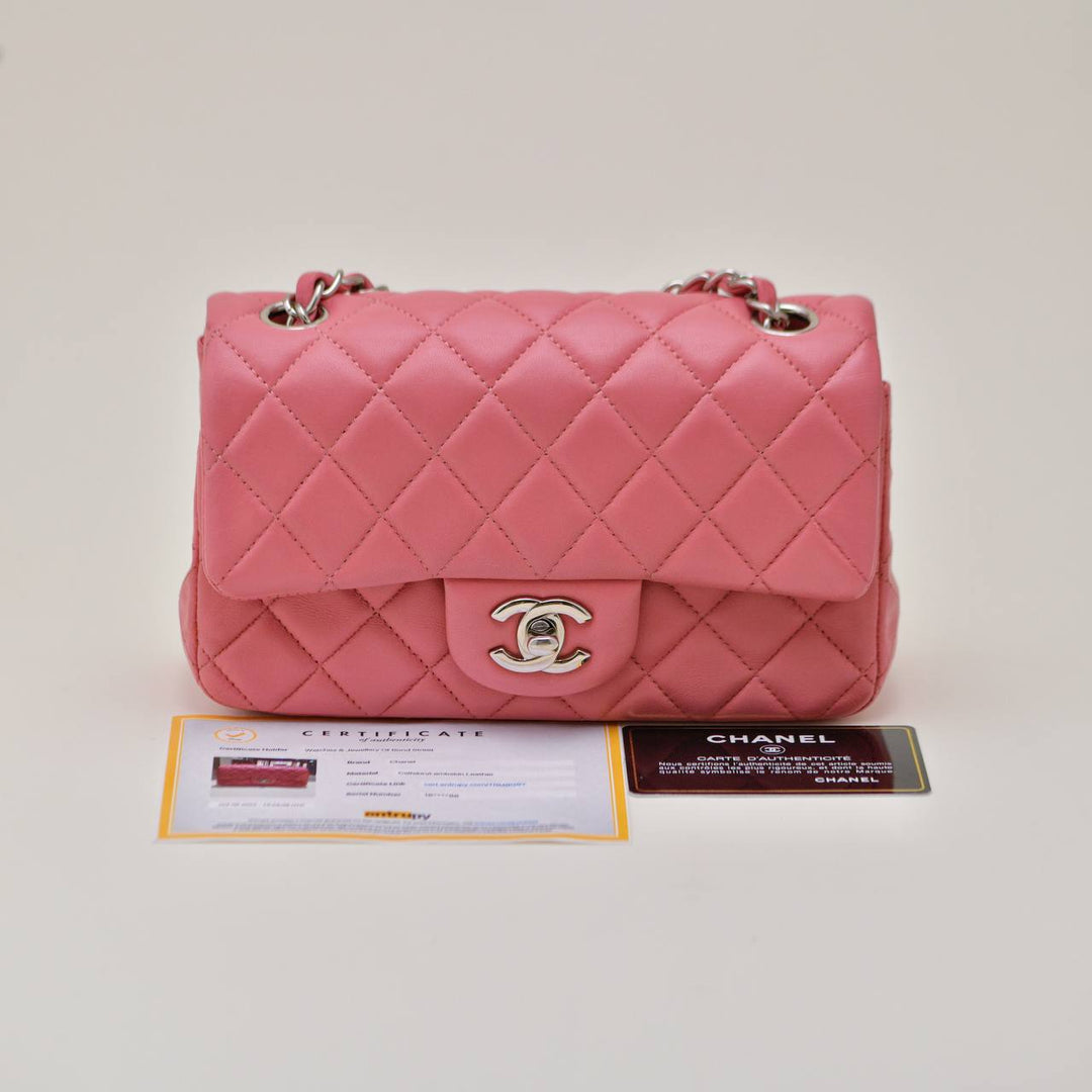 Preowned Authentic Chanel Mini Classic Flap Bag Pink Quilted Lambskin Leather