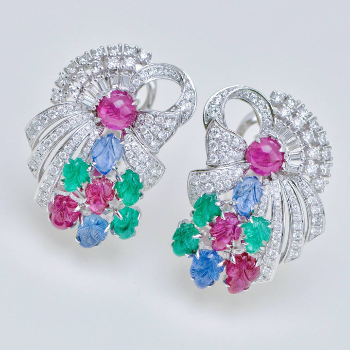 Tutti Frutti Ruby, Emerald & Sapphire Carved Gemstone Diamond Clip Earrings in White Gold
