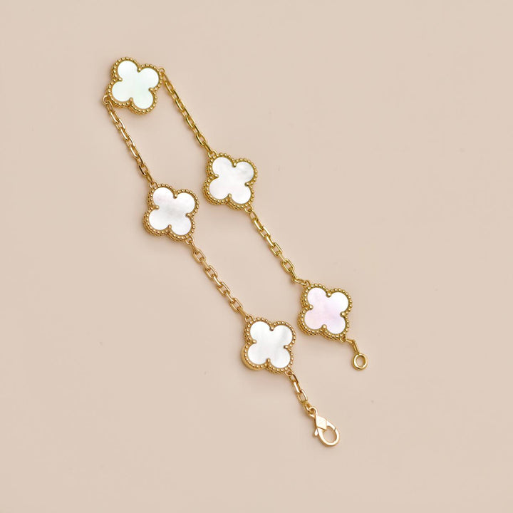 Authentic Used Van Cleef & Arpels Vintage Alhambra 5 Motif Mother of Pearl 18K Yellow Gold Bracelet