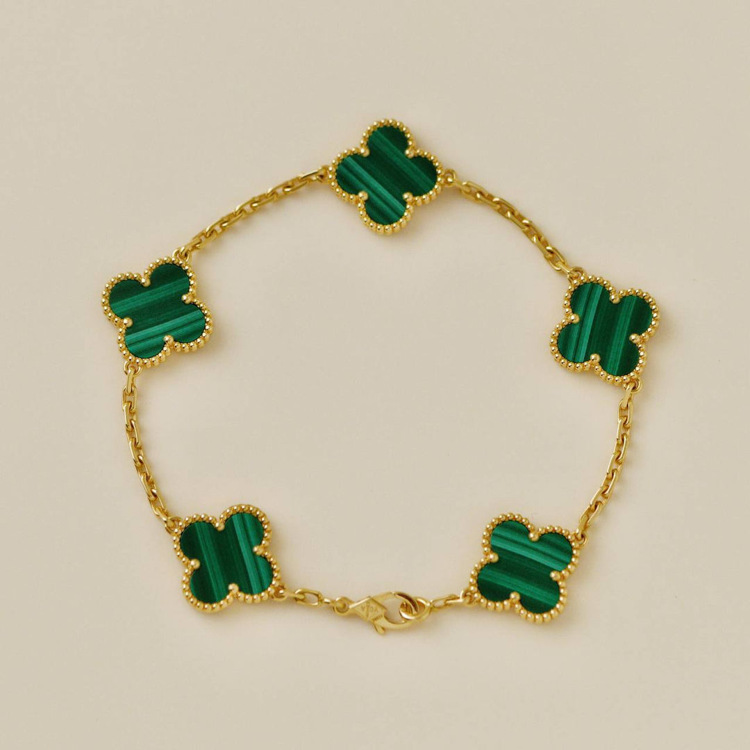 Second Hand Authentic Van Cleef & Arpels Vintage Alhambra 5 Motif Malachite Bracelet 18K Yellow Gold