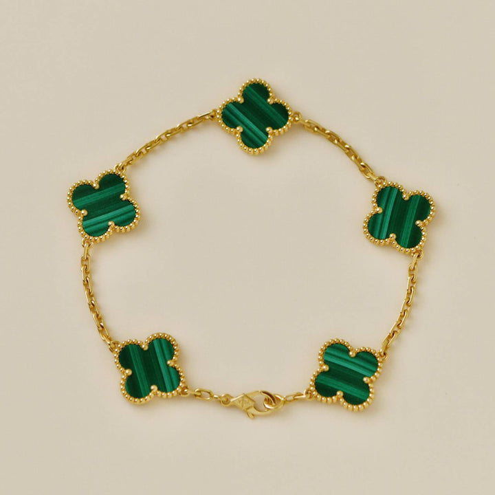Second Hand Authentic Van Cleef & Arpels Vintage Alhambra 5 Motif Malachite Bracelet 18K Yellow Gold