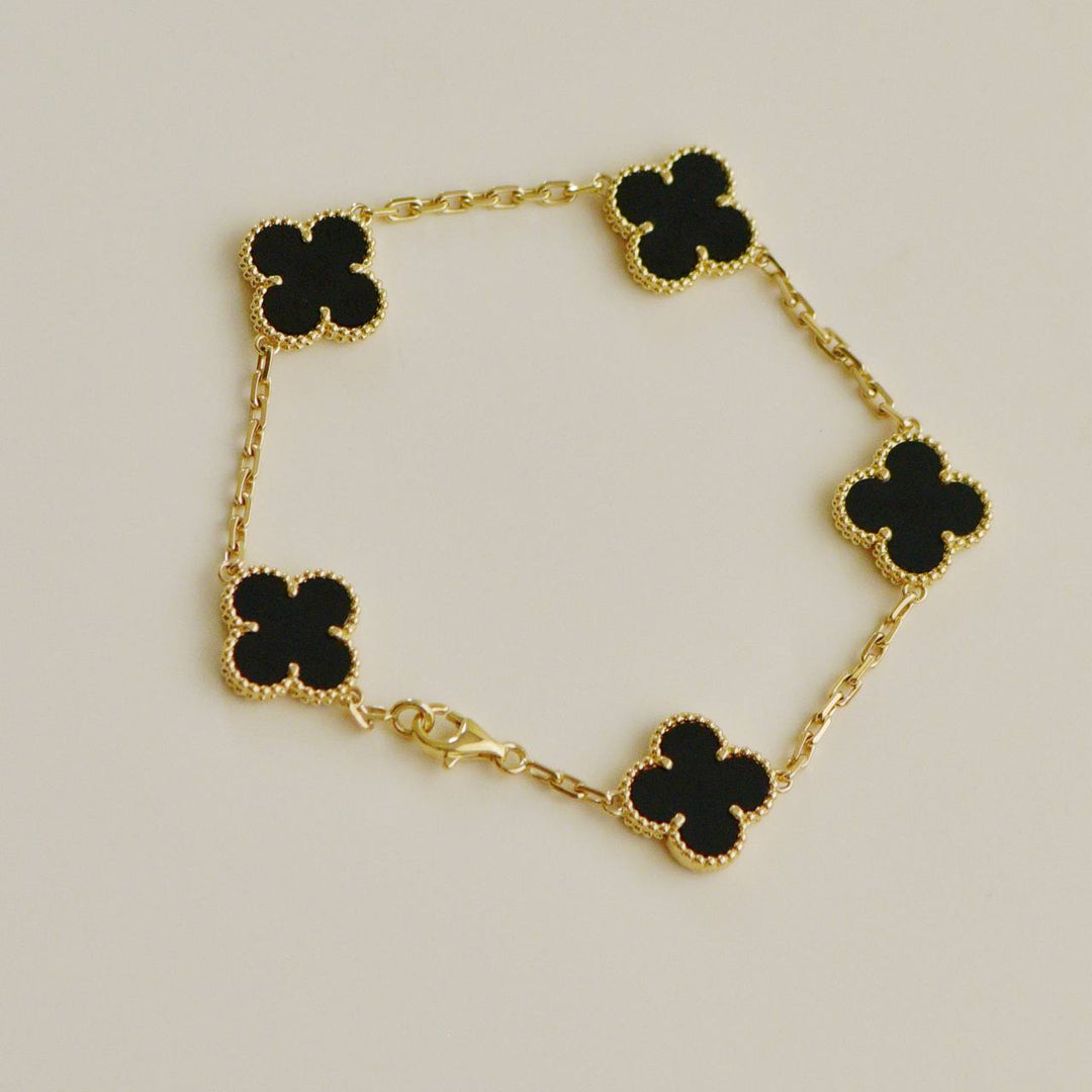 Second Hand Authentic Van Cleef Vintage Alhambra Bracelet 5 Motif Onyx 18K Yellow Gold