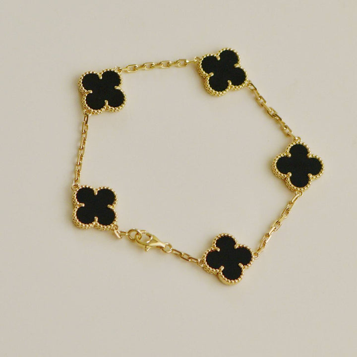 Second Hand Authentic Van Cleef Vintage Alhambra Bracelet 5 Motif Onyx 18K Yellow Gold