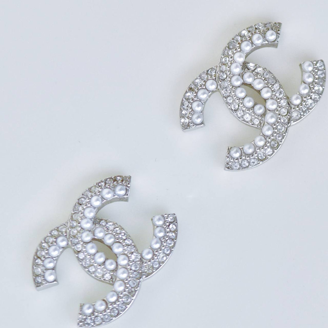 Authentic Chanel CC Faux Pearls Crystal Stud Earrings
