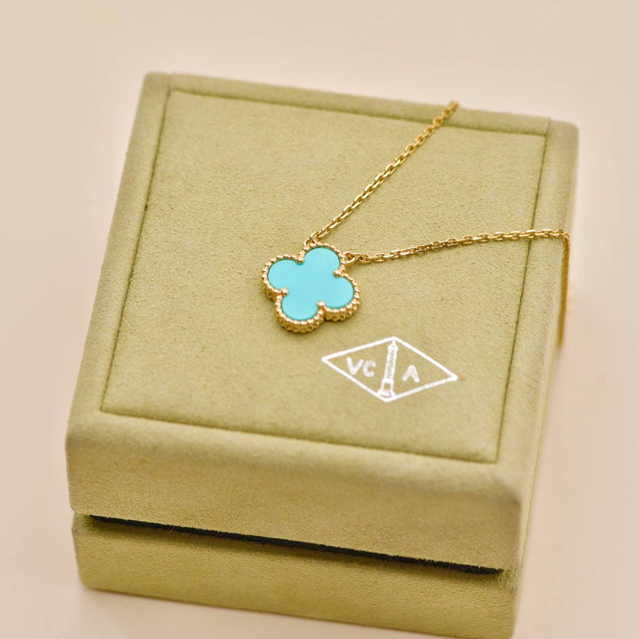 Preowned Authentic Van Cleef & Arpels Turquoise 18K Yellow Gold Vintage Alhambra Pendant Necklace