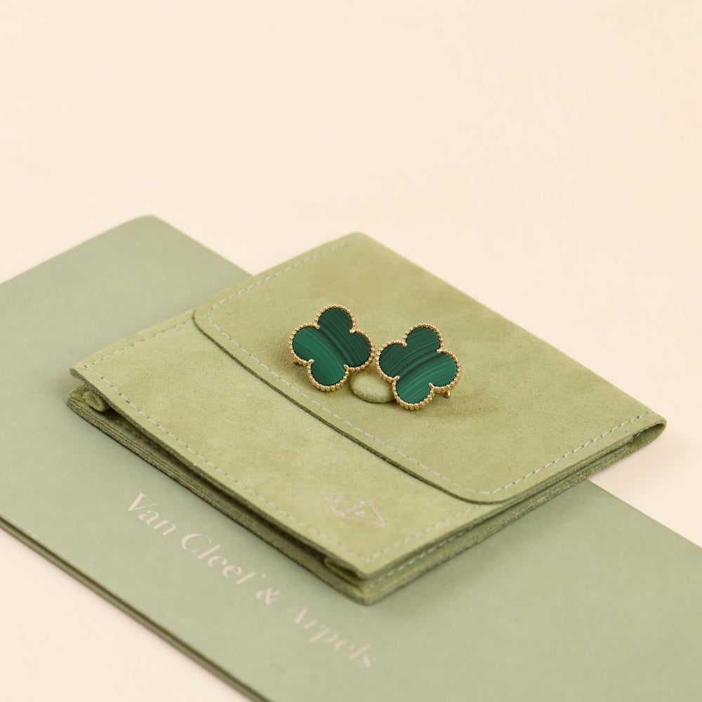 Preloved Authentic Full set Van Cleef Magic Alhambra Malachite Earrings 18K Yellow Gold