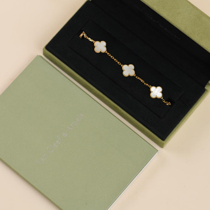 Van Cleef & Arpels Vintage Alhambra 5 Motif Mother of Pearl Bracelet 18K Yellow Gold