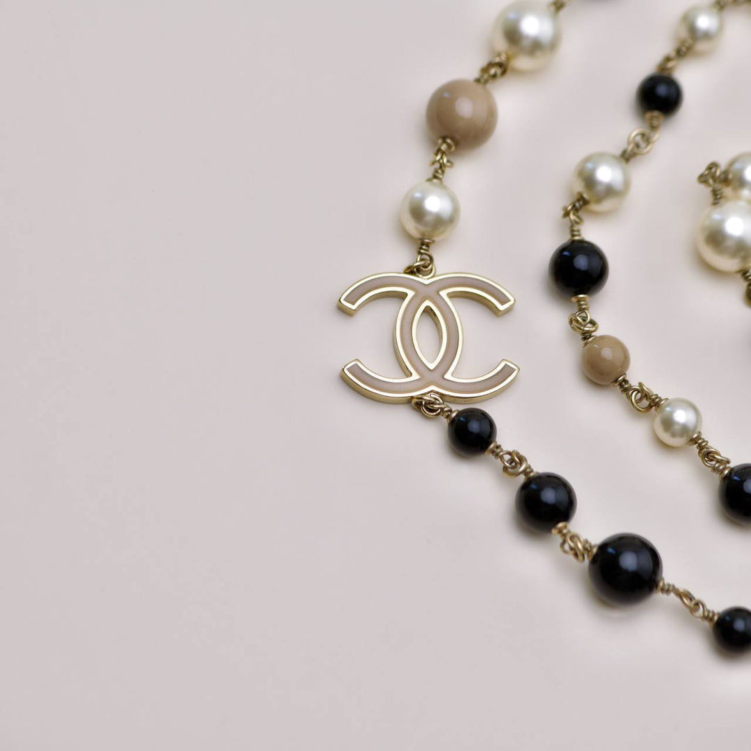 Authentic Used Chanel CC Limited Edition Enamel Mademoiselle Faux Pearl Long Necklace