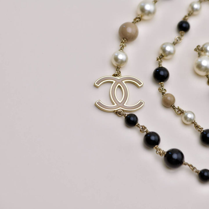 Authentic Used Chanel CC Limited Edition Enamel Mademoiselle Faux Pearl Long Necklace