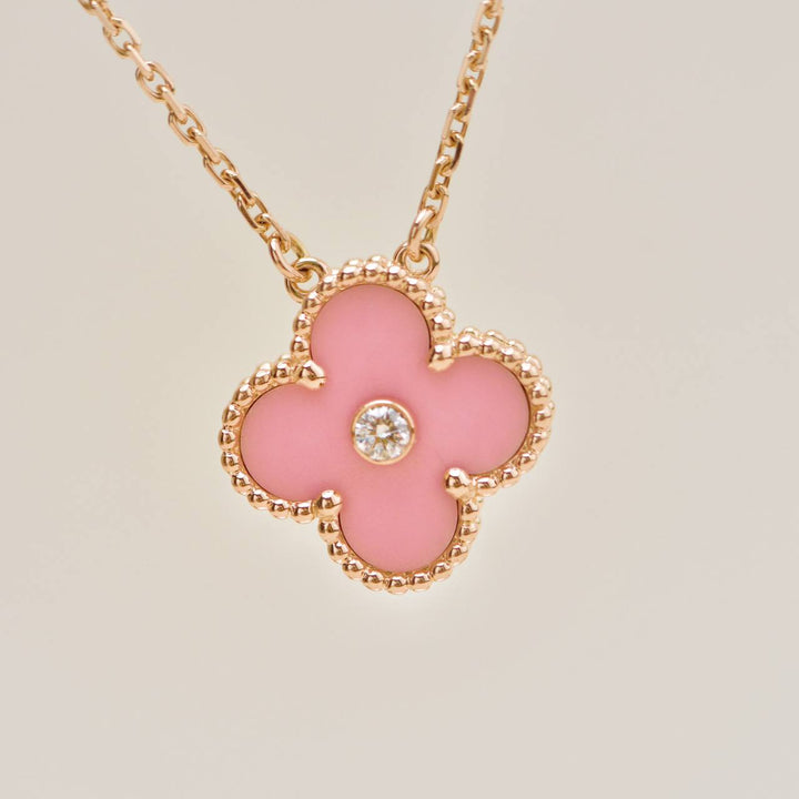 Preowned Authentic Van Cleef Alhambra 2015 Holiday Pendant Diamond Pink Sèvres Porcelain
