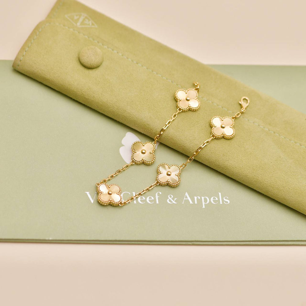 Preowned Authentic Van Cleef & Arpels Vintage Alhambra Bracelet Guilloché 5 Motifs 18K Yellow Gold