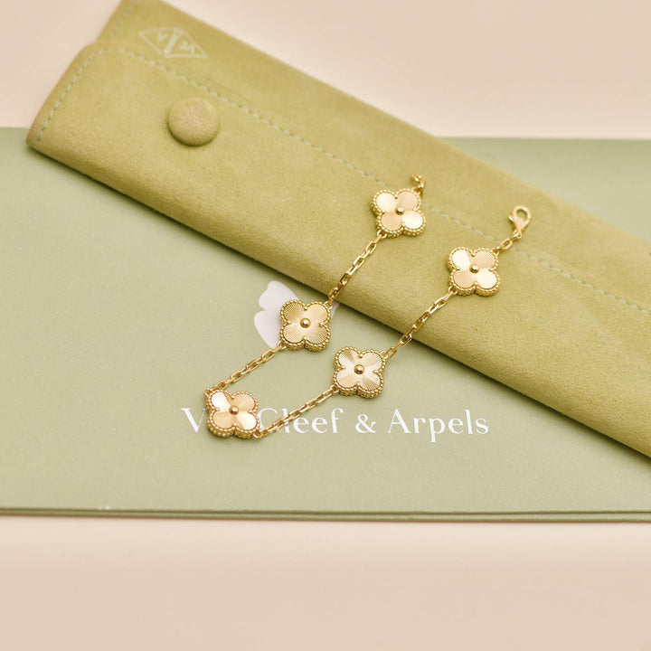 Preowned Authentic Van Cleef & Arpels Vintage Alhambra Bracelet Guilloché 5 Motifs 18K Yellow Gold