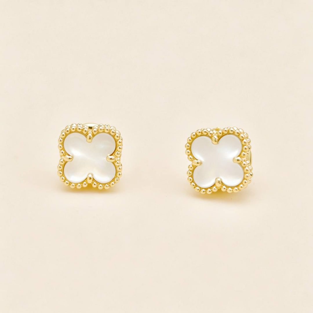 Used Authentic Van Cleef & Arpels Sweet Alhambra Mother of Pearl 18K Yellow Gold Stud Earrings