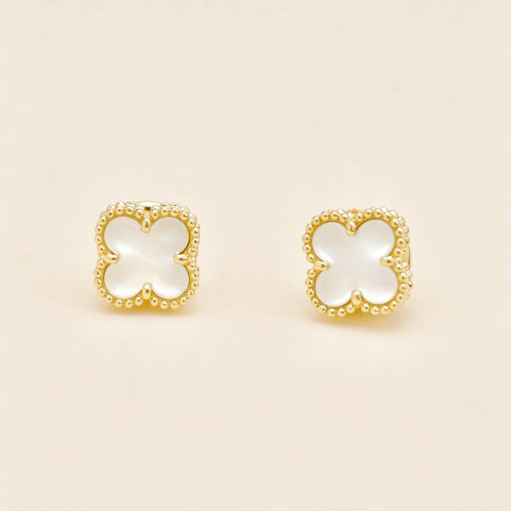 Used Authentic Van Cleef & Arpels Sweet Alhambra Mother of Pearl 18K Yellow Gold Stud Earrings