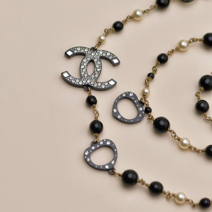 Second Hand Chanel CC Faux Pearl & Crystal Black Bead Sautoir Necklace