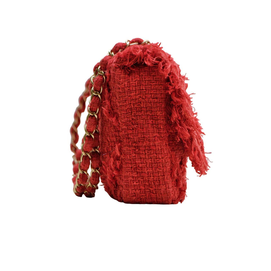 Authentic Chanel Nature Flap Bag Red Fringe Tweed Medium