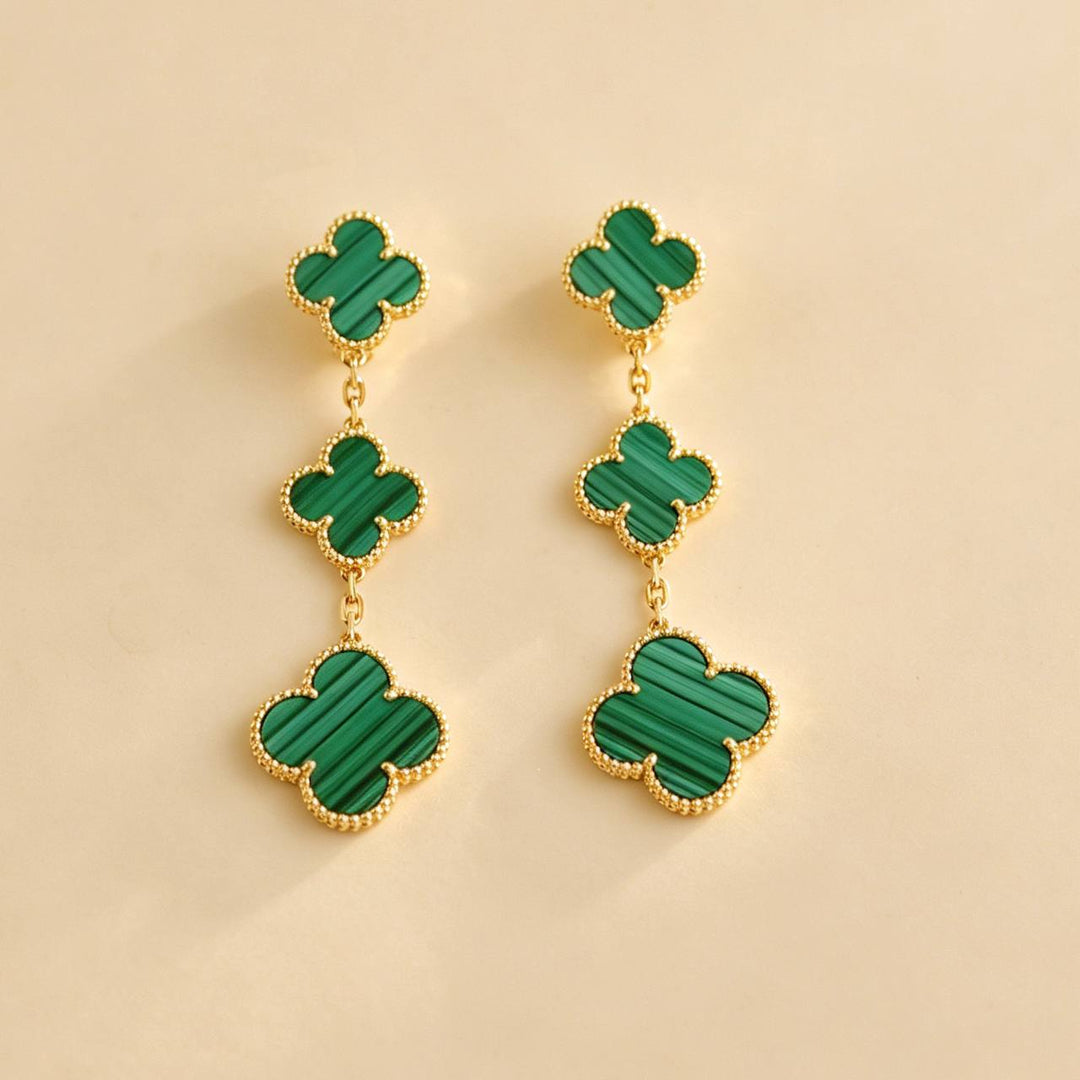 Used Authentic Van Cleef Magic Alhambra Malachite 3 Motifs Earrings