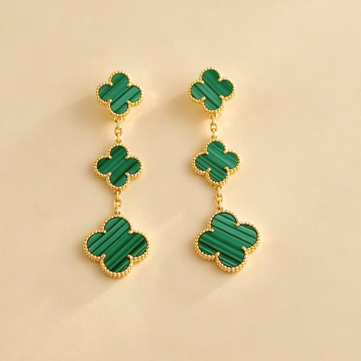 Used Authentic Van Cleef Magic Alhambra Malachite 3 Motifs Earrings