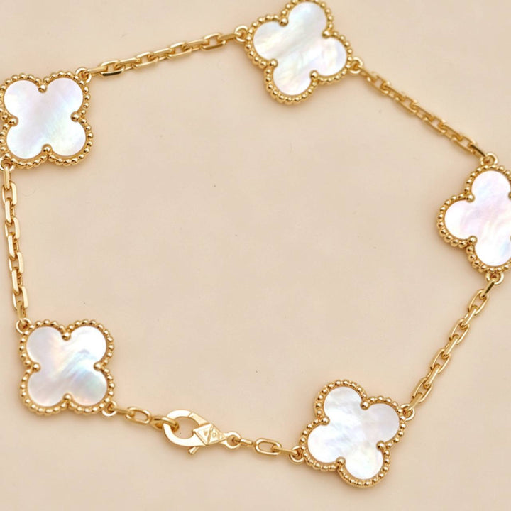 Second Hand Authentic Van Cleef Vintage Alhambra 5 Motif Mother of Pearl Bracelet 18K Yellow Gold