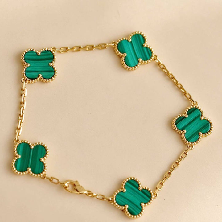 Authentic Full set Van Cleef & Arpels Vintage Alhambra 5 Motif Malachite Bracelet 18K Yellow Gold