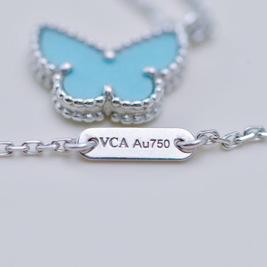 Preloved Authentic VCA Sweet Alhambra Turquoise Butterfly Necklace 18K White Gold