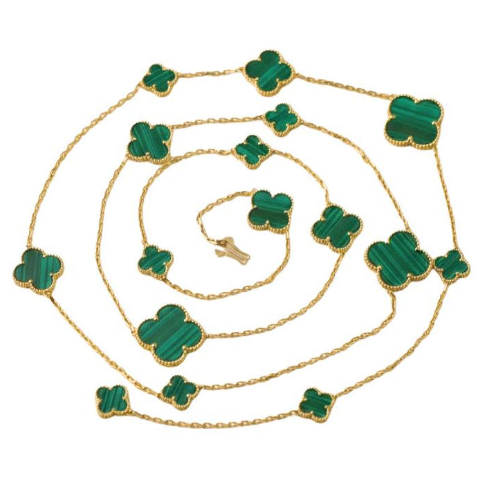 Preowned Authentic Van Cleef & Arpels Magic Alhambra Malachite 16 Motifs Necklace 18K Yellow Gold
