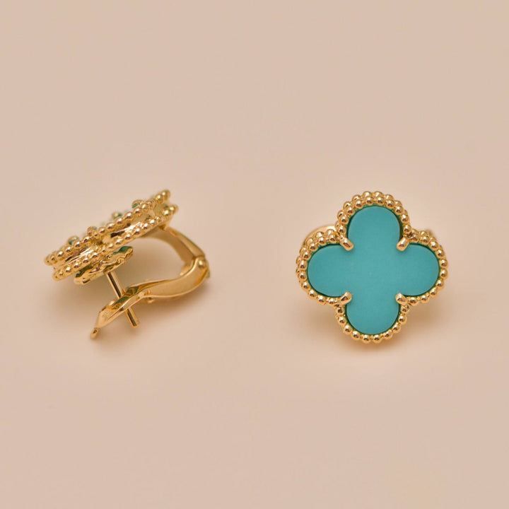 Authentic Preowned Van Cleef Vintage Alhambra Turquoise Earrings 18K Yellow Gold