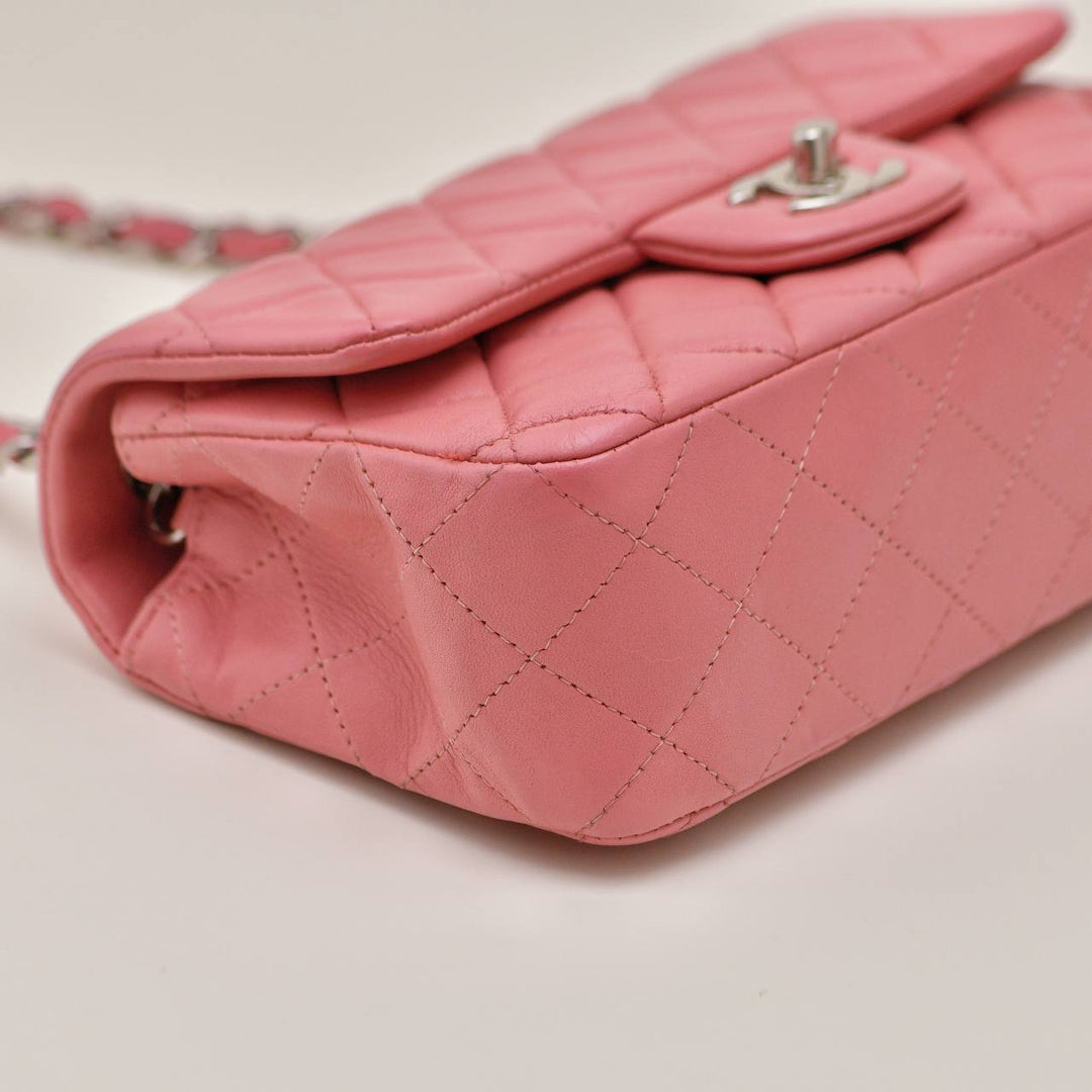 Authentic Used Chanel Mini Classic Flap Bag Pink Quilted Lambskin Leather