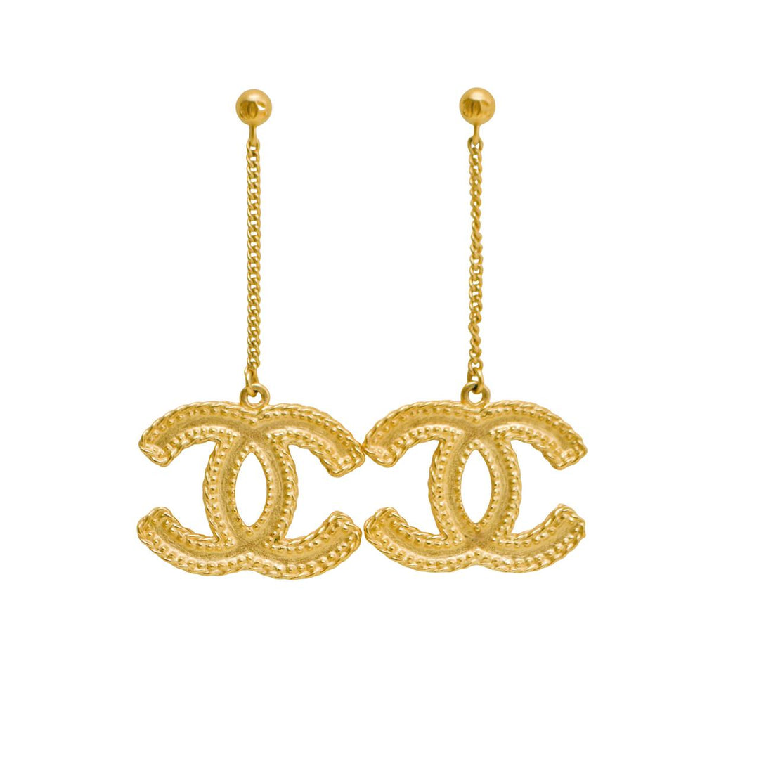 Preowned Authentic Chanel CC Logo Large Drop Gold-Tone Earrings