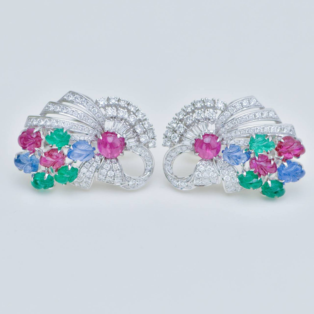 Tutti Frutti Ruby, Emerald & Sapphire Carved Gemstone Diamond Clip Earrings in White Gold