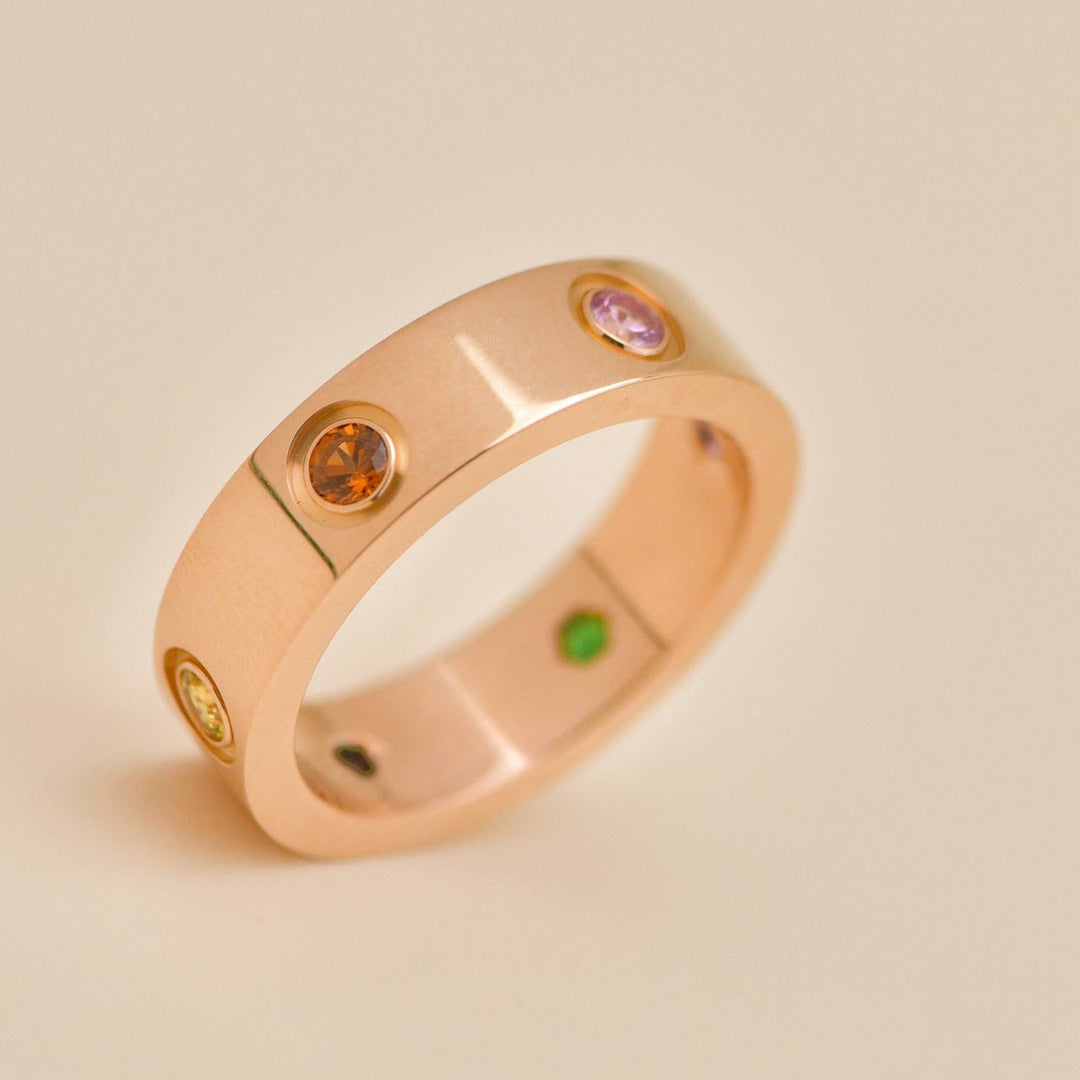 Cartier Love Rainbow Multi Gem 18K Rose Gold Ring Size 55