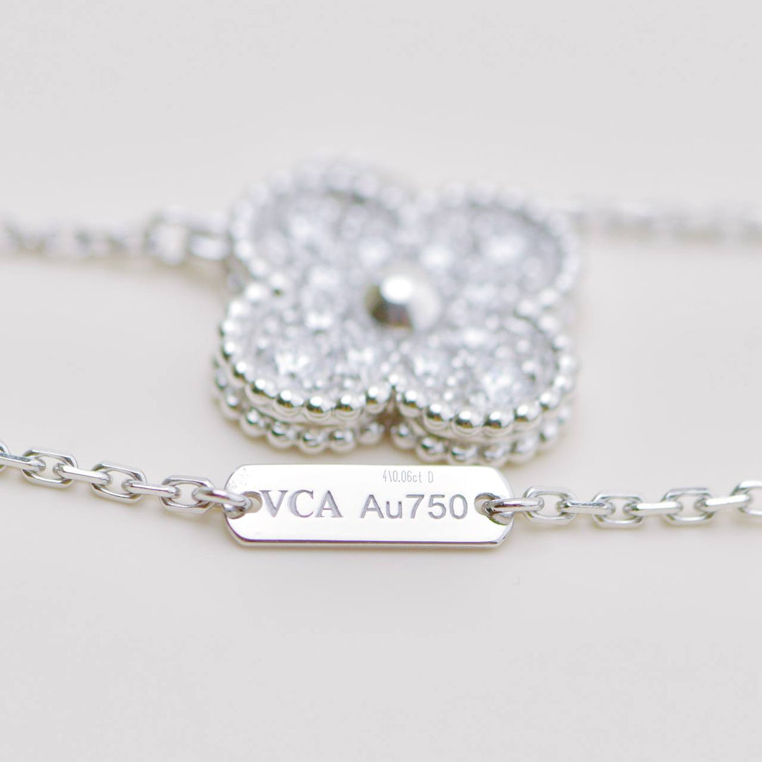 Preowned Authentic VCA Vintage Alhambra Pavé Diamond Pendant 18K White Gold