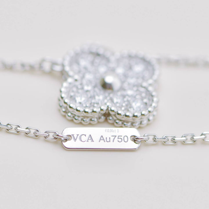 Preowned Authentic VCA Vintage Alhambra Pavé Diamond Pendant 18K White Gold