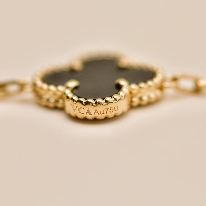 Preloved Authentic Van Cleef Vintage Alhambra Onyx 5 Motif Bracelet 18K Yellow Gold
