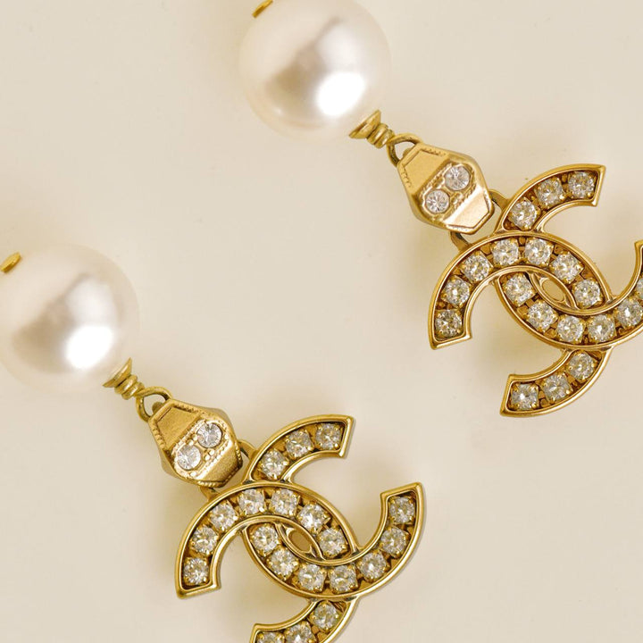 Authentic Chanel CC Faux Pearl Drop Earrings