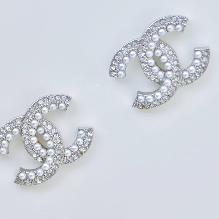 Preloved Chanel CC Faux Pearls Crystal Stud Earrings