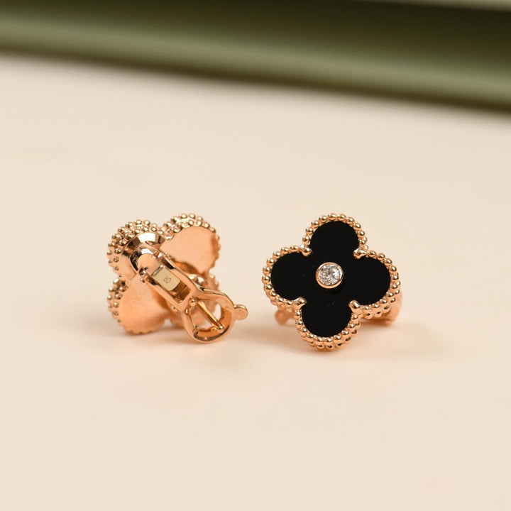 Preloved Van Cleef & Arpels Vintage Alhambra Limited Edition Onyx Diamond Gold Earrings