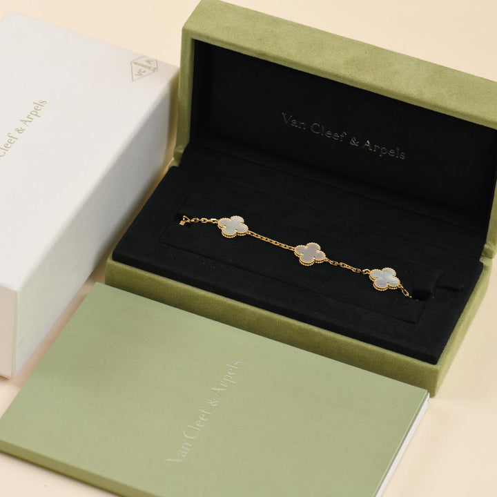 Van Cleef & Arpels Vintage Alhambra 5 Motif Mother of Pearl Bracelet 18K Yellow Gold