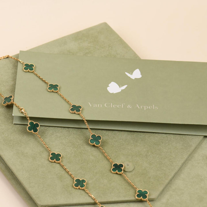 Authentic Second Hand Full set Van Cleef & Arpels Vintage Alhambra Malachite 20 Motif Necklace