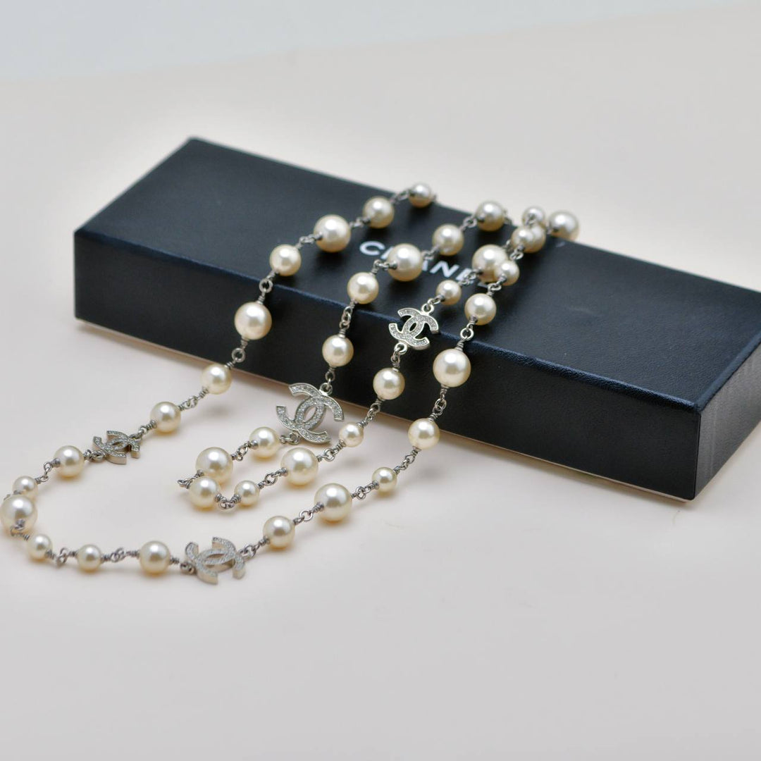 Authentic Preloved Chanel CC Faux Pearl Sautoir Necklace with Five Logos