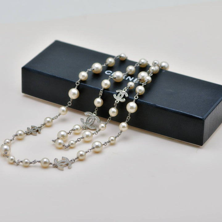Authentic Preloved Chanel CC Faux Pearl Sautoir Necklace with Five Logos