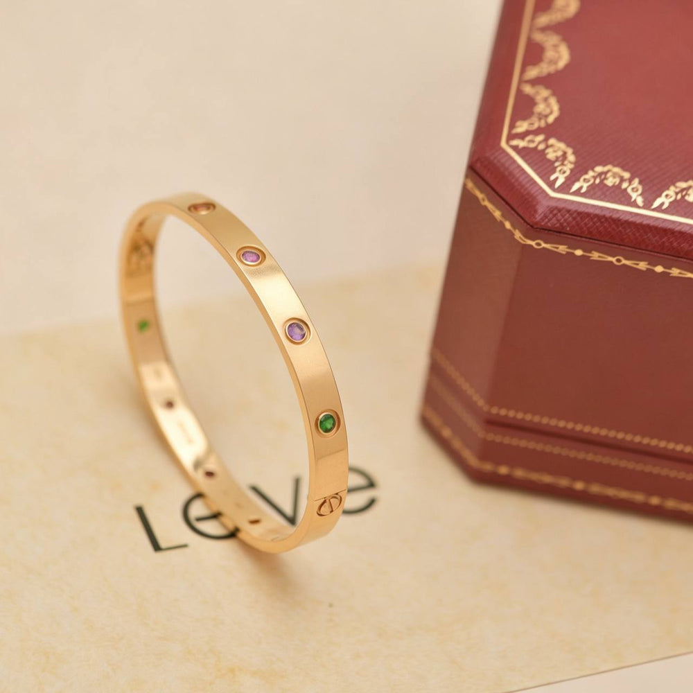 Preloved Full Set Authentic Cartier Love Rainbow Multi Gem Bracelet 18K Rose Gold Size 17
