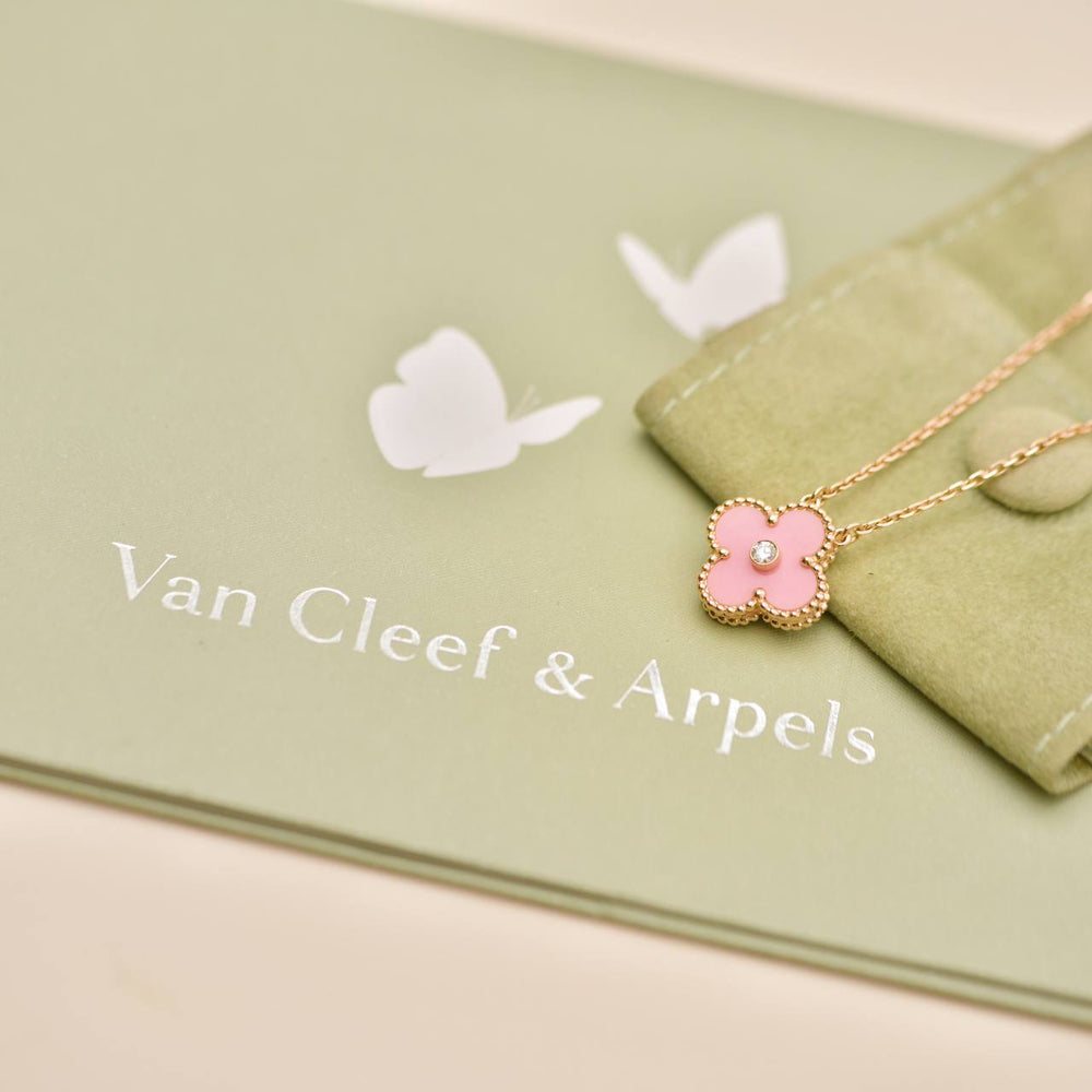 Preowned Van Cleef & Arpels Alhambra 2015 Holiday Pendant Diamond Pink Sèvres Porcelain