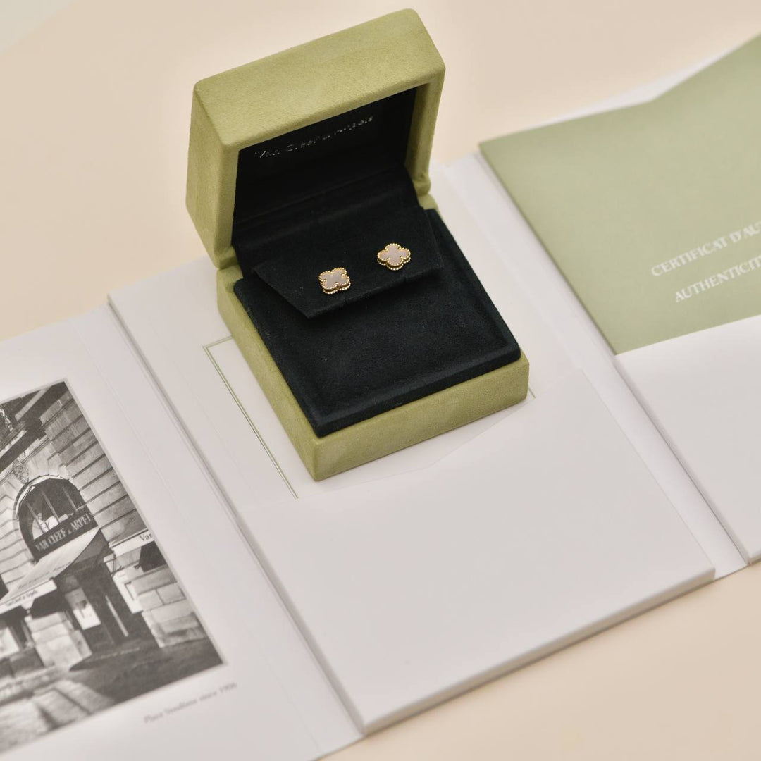 Preowned Authentic Van Cleef & Arpels Sweet Alhambra Mother of Pearl 18K Yellow Gold Stud Earrings