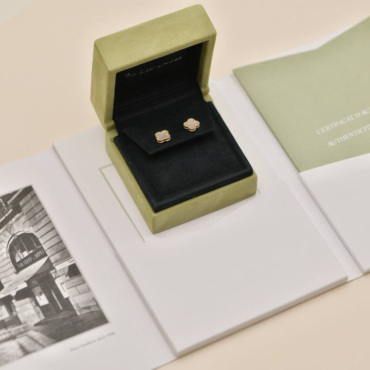 Preowned Authentic Van Cleef & Arpels Sweet Alhambra Mother of Pearl 18K Yellow Gold Stud Earrings