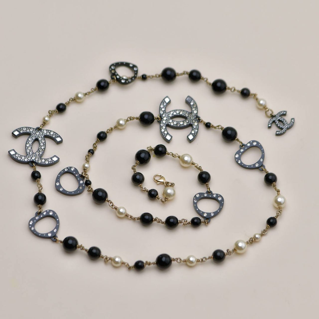 Used Chanel CC Faux Pearl & Crystal Black Bead Sautoir Necklace