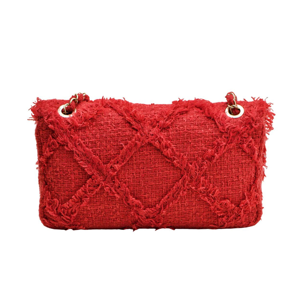 Second Hand Authentic Chanel Nature Flap Bag Red Fringe Tweed Medium