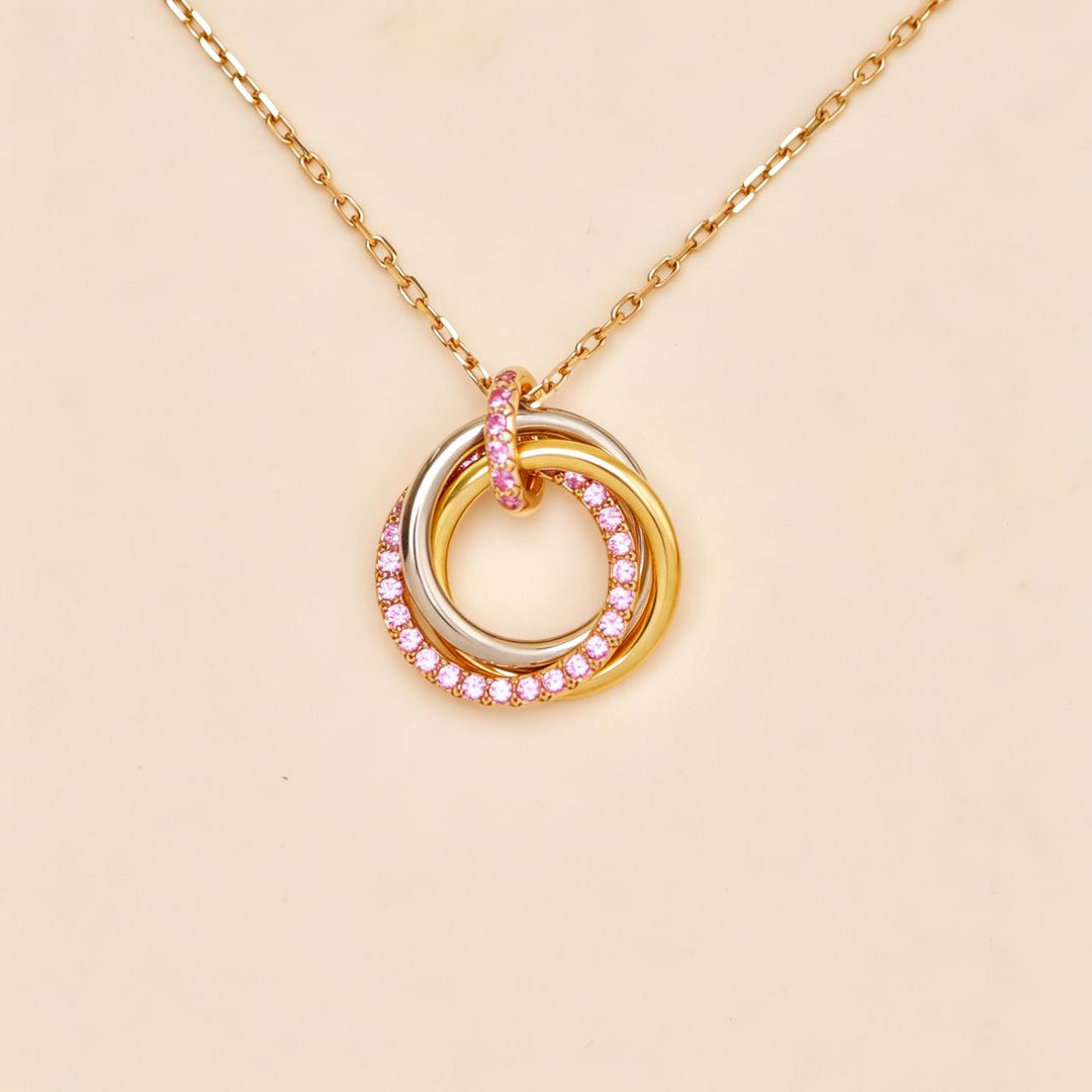 Authentic Cartier Trinity Pendant Necklace 18K Tri-color Gold with Pavé Pink Sapphires