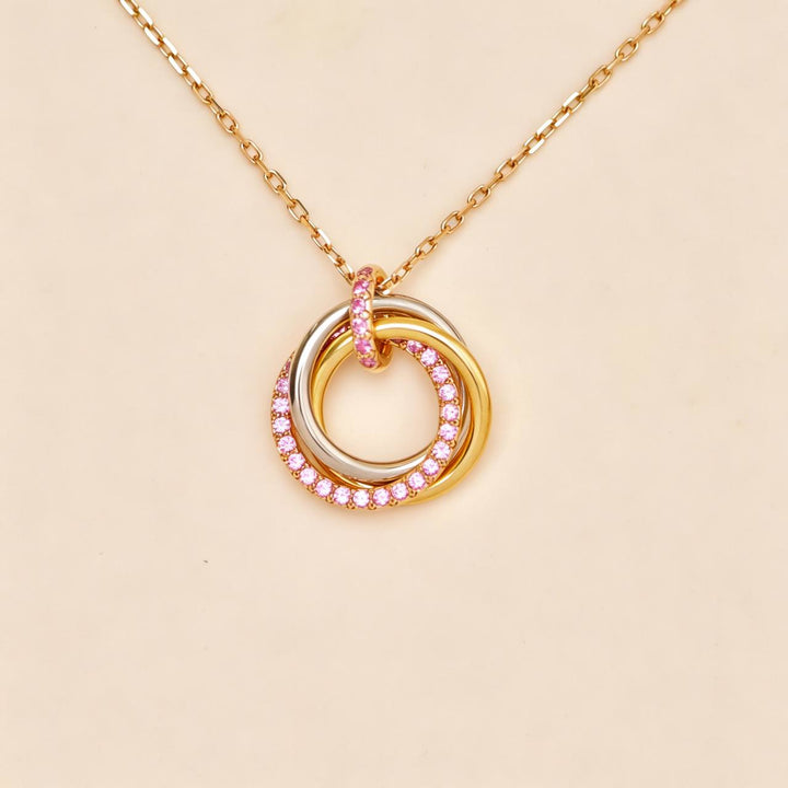 Authentic Cartier Trinity Pendant Necklace 18K Tri-color Gold with Pavé Pink Sapphires