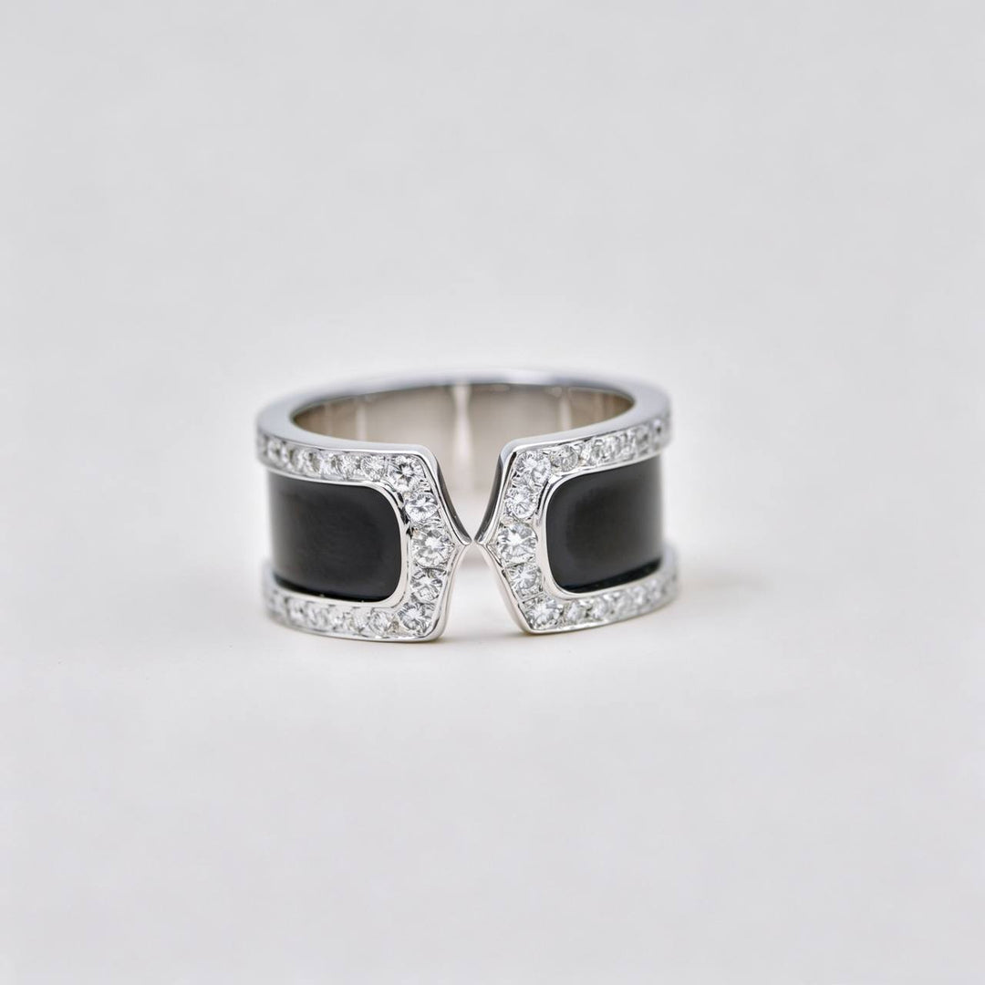 Preloved Authentic Cartier C de Cartier Diamond Enamel Ring 18K white gold Size 55